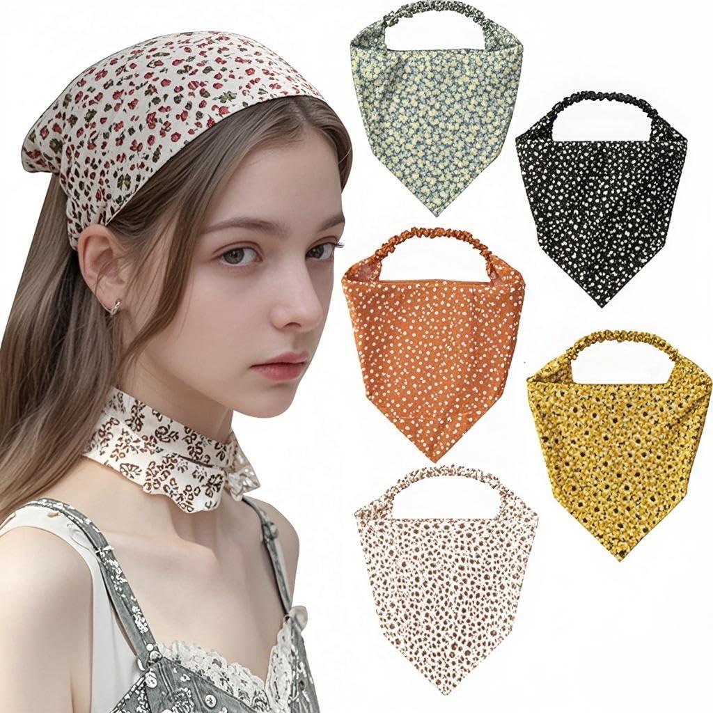 2 x 5 Pcs Floral Hair Scarf Elastic Headband, Bohemia Bandana Triangle Headscarf Flower Print Head Wrap Scarf Hair Accessories Headwear for Women(Mix Color)