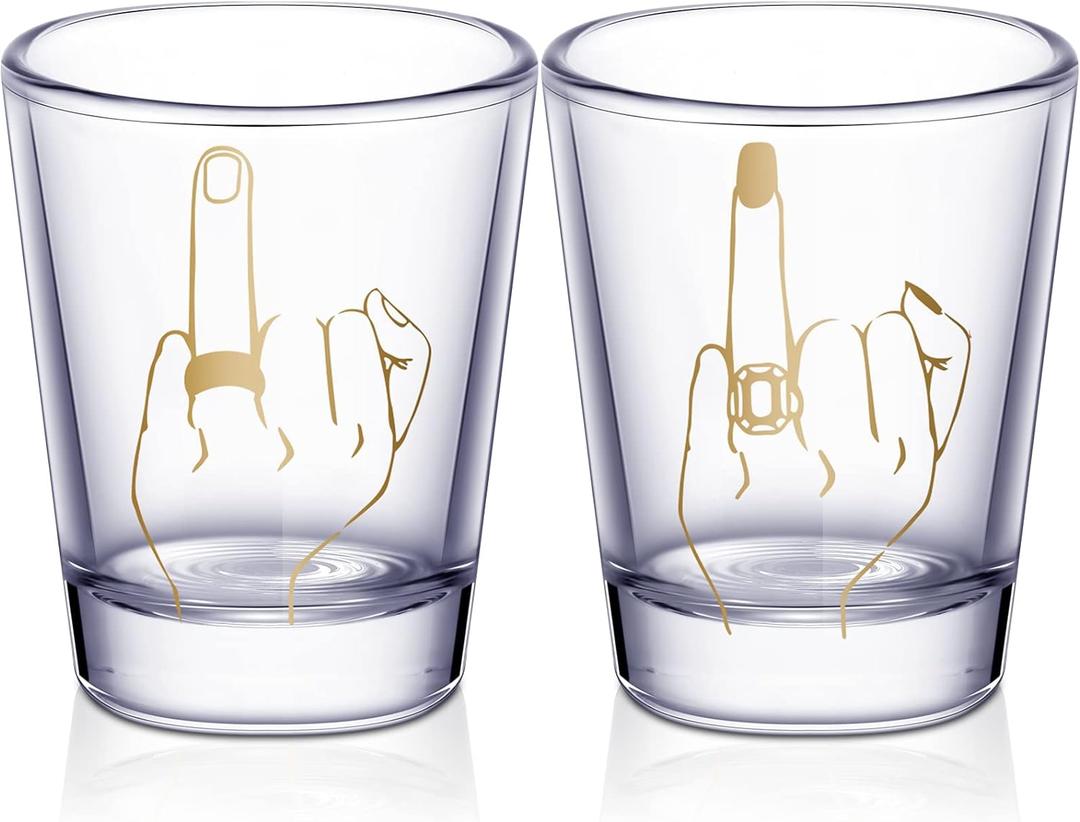Bride and Groom Glasses 2 Pieces Ring Finger Wedding Funny Bride Wine Glass 2 oz Mr and Mrs Engagement Gifts Stemless for Newlyweds Couples(Classic,1.93 Inch) (Gold)