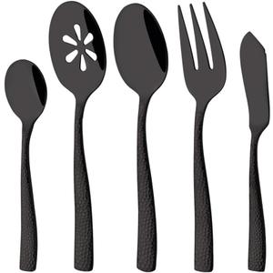 Serving Utensils Set, 5-Piece 18/8 Stainless Steel Hostess Serving Set, Elegant Hammered Serving Utensils for Home Restaurant and Buffet Catering, Heavy and Mirror Polished, Black