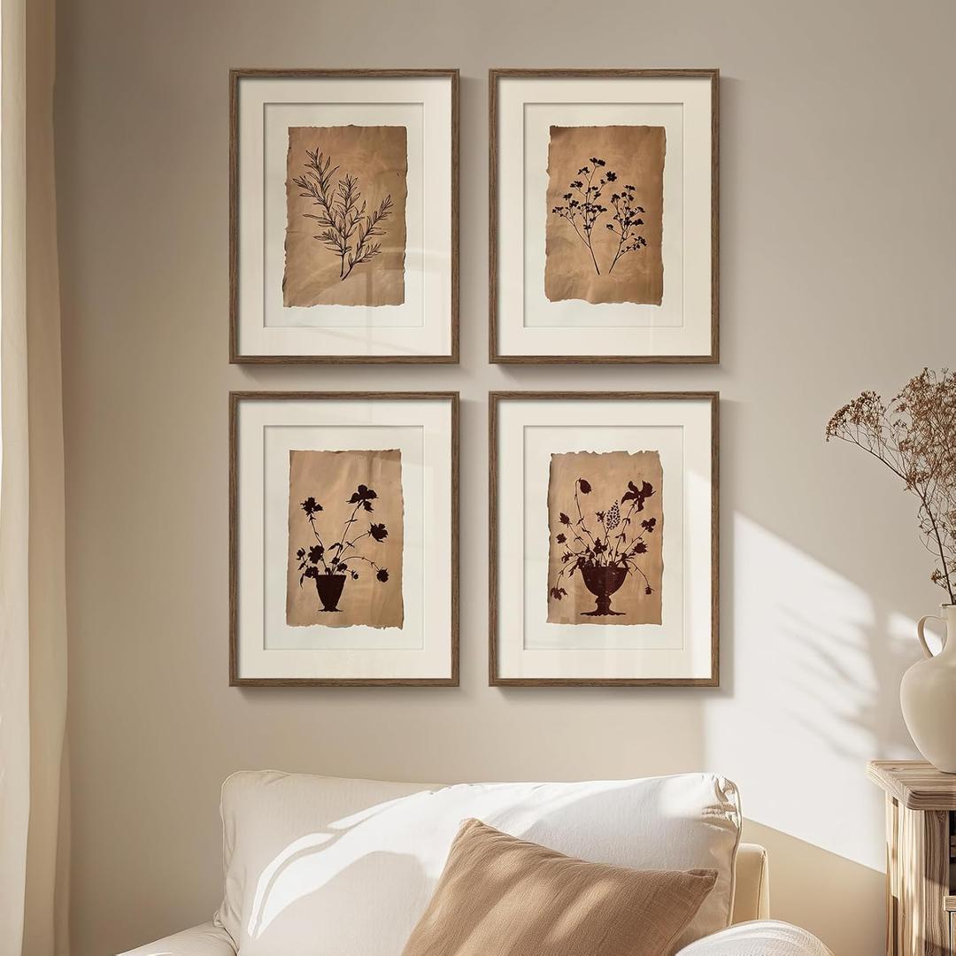 4 x Framed Vintage Botanical Wall Art for Wall Decor, 4 Piece Brown Floral Farmhouse Bathroom Picture Prints, Rustic Farmhouse Botanical Artwork for Living Room Bedroom Bathroom Fireplace Walls, 11x14 In