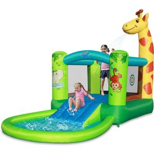Action Air Inflatable Water Slide with Giraffe Theme, Blow Up Bounce House with 67"x62" Extra Large Bouncy Area, Big Ball Pit & Splash Pool, Outdoor Backyard Water Park for Kids, 165" x 106" x 61"