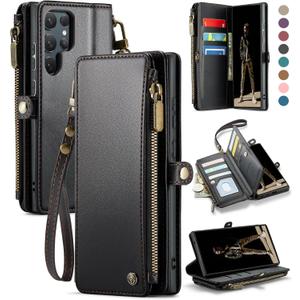 Defencase for Galaxy S25 Ultra Case Wallet with RFID Blocking Card Holder for Women Men, PU Leather Magnetic Snap Flip Wristlet Strap Zipper Wallet Phone Cases for Samsung Galaxy S25 Ultra 6.9", Black