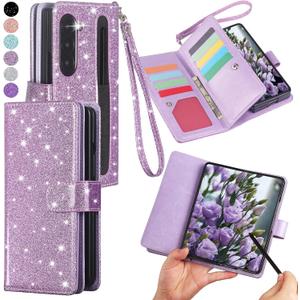 Varikke Compatible with Samsung Galaxy Z Fold 6 Wallet Case, [RFID Blocking] Card Holder, Glitter PU Leather Flip Phone Case with S Pen Holder Slot & Wrist Strap for Women Men, Light Purple