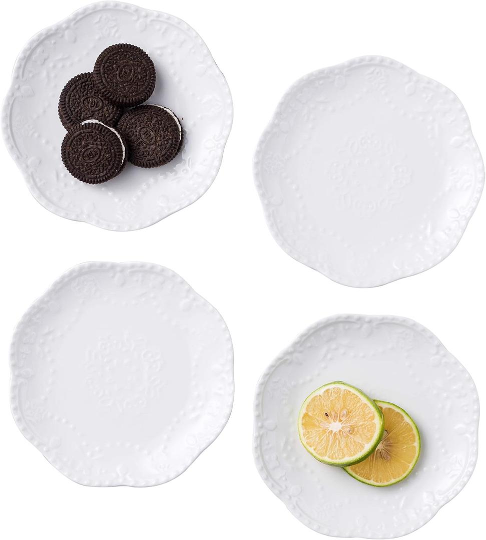 Jusalpha Embossed Lace Ceramic Plate-Dinner Plate Set, Pasta/Salad/Dessert Plate Dishwasher MicrowaveTableware Set for Restaurant Family Party Kitchen Use -4 Pieces, FD-PL15 (6 Inche, White)