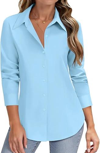 HOTOUCH Women Button Down Shirts Long Sleeve Stain Shield Dress Shirts Slim fit Work Blouses Office Business Tops, S