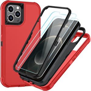 SunStory Compatible with iPhone 12 Pro Max Case with HD Screen Protector, 3-Layer Heavy Duty Full-Body Cover,3 in 1 Hybrid Protective Case for iPhone 12 Pro Max 6.7", Red