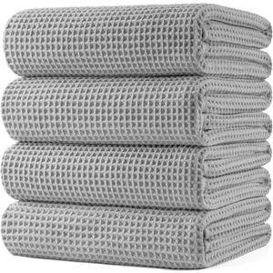POLYTE 430 GSM Microfiber Oversize Quick Dry Lint Free Bath Towel, 60 x 30 in, 4 Pack (Waffle Weave) (Light Gray)