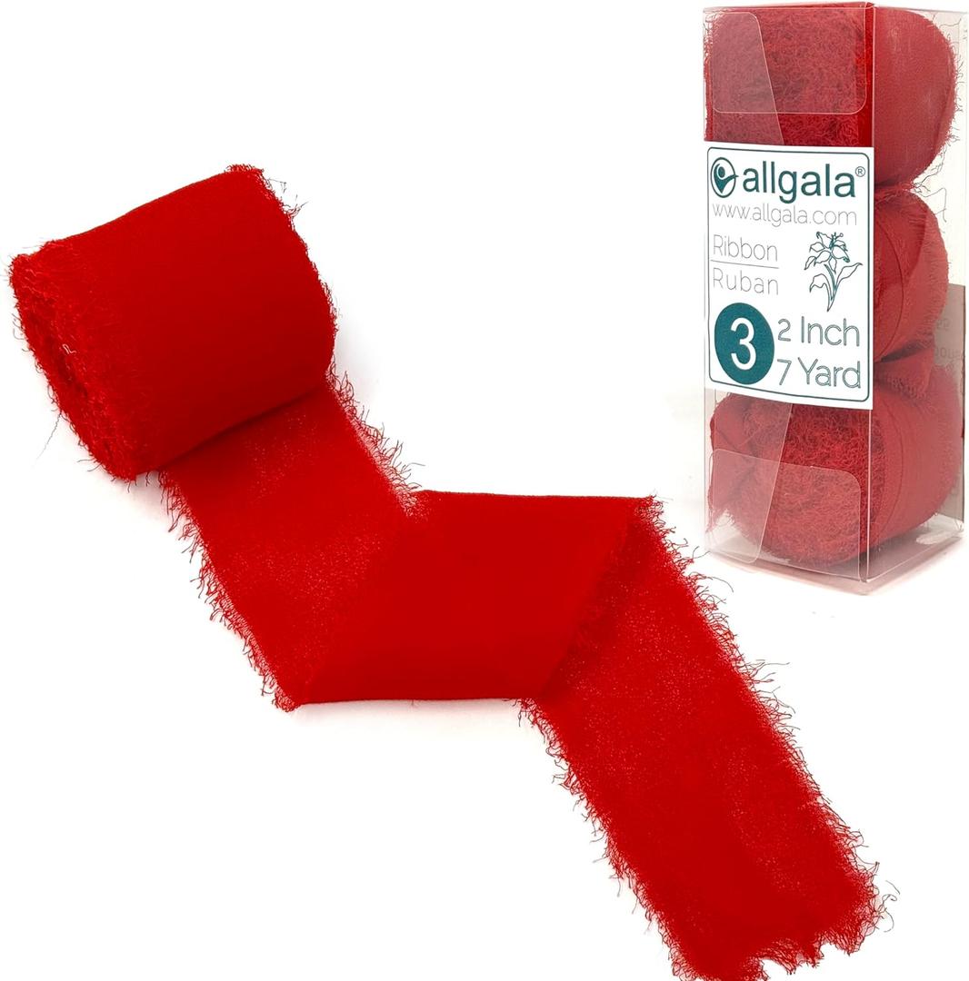 Allgala 3 Roll 2" x7yd Red Color Handmade Rustic Fringe Frayed Chiffon Ribbon for Bridal Wedding Gift Packing, Flower Bouquet Arrangement Wrapping DIY Craft
