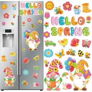 25Pcs Hello Spring Magnet Car Decorations Hello Spring Refrigerator Magnets Colorful Flowers Butterfly Gnome Magnet Stickers for Garage Door Holiday Home Decor