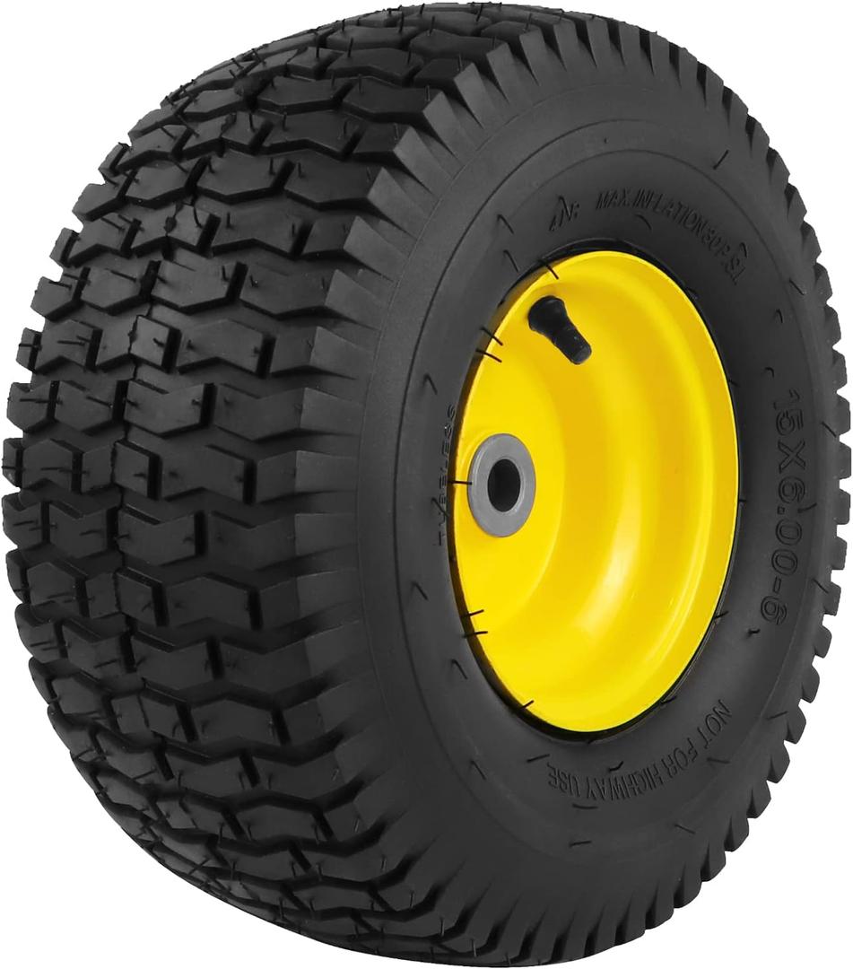 1PCS 15x6.00-6 Lawn Mower Tires, 4 Ply Tubeless 15x6-6 Front Tire Assembly Replacement for Craftsman/ John Deere/ Cub Cadet Riding Mowers, 570lbs Capacity, 3" Offset Hub, 3/ 4" Bushing