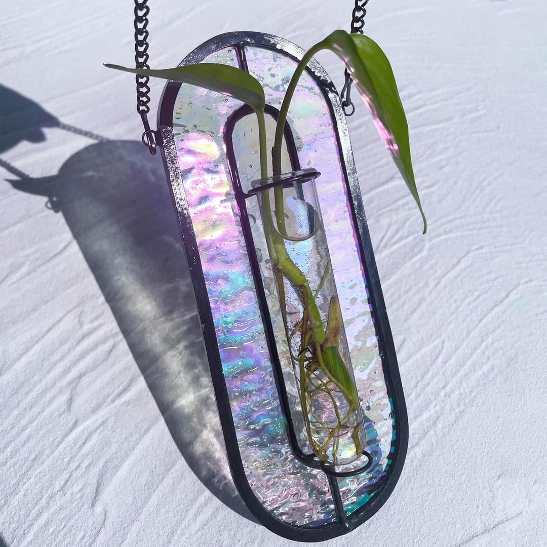 LITMIND Iridescent Stained Glass Plant Propagation Station - Vibrant Hanging Hydroponic Planter Terrarium with 2 Glass Tubes - Perfect for Home & Garden Decor