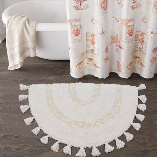 Schweek Boho Bathroom Rug Half Circle Cotton Bath Mat with Tassels Hand-Woven Bohemian Rugs with Rug Non Slip Pad Washable Bath Rugs for Bathroom, Shower, Tub 20"x32", Half-Circle Cream