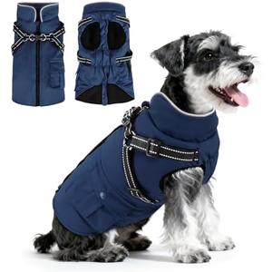 Dog Winter Coat with Harness Built-in | Waterproof Dog Jacket with Zipper & Fleece Lining | Reflective Cold Weather Coat for Small Medium Large Dogs (M, Navy Blue)