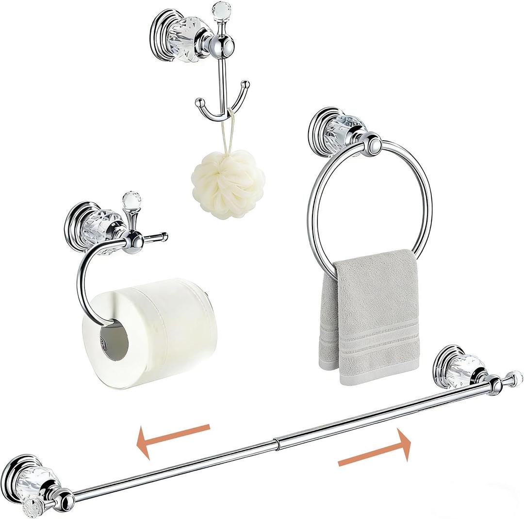 Crystal Bathroom Accessories,Chrome Towel Bar Set Adjustable,Polished Silver Toilet Paper Holder Towel Ring Coat Hooks Bathroom Hardware 4 Pieces Wall Mounted