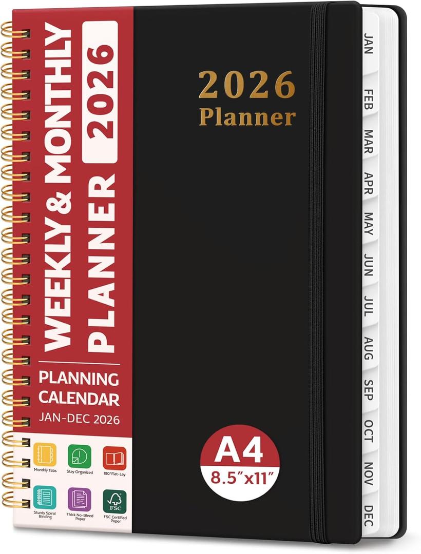 2026 Planner, Weekly and Monthly Planner, January 2026 - December 2026, Hardcover 2026 Calendar Planner Book with Tabs For Women & Men, Inner Pocket, Spiral Bound, Perfect for Office Home School Supplies - A4 (8.5" x 11"), Black