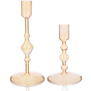 Tall Glass Taper Candle Holders 2 Set - Vintage Candlestick Holders for Taper Candles for Table Elegant Centerpiece Weddings Decor Christmas Events Holidays Dinner Party Amber
