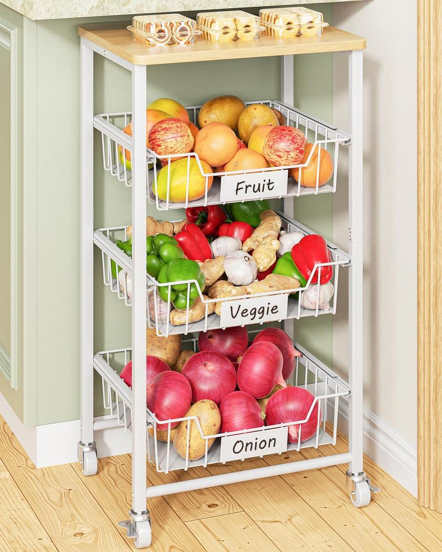 Giwil Vegetable Fruit Basket for Kitchen Pantry Organizers Storage, 4-Tier Utility Rolling Cart on Wheels with Wood Top and Drawer Wire Baskets for Onions Potatoes Snacks, White