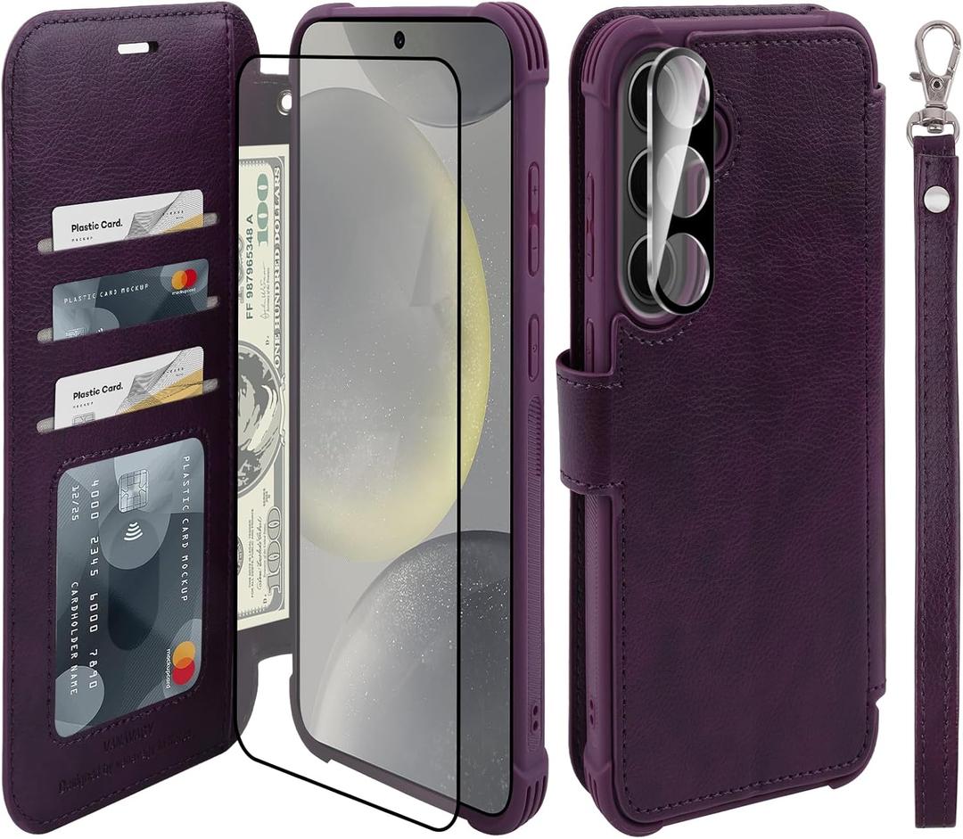 VANAVAGY Wallet Case for Galaxy S24 with RFID Blocking Card Holder, [Screen Protector & Camera Lens Protector] PU Leather Flip Case with Wrist Strap for Wireless Charging, Purple