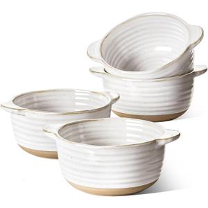 LE TAUCI Soup Bowls with Handles, 20 oz French Onion Soup Crocks, Soup Bowl Oven Safe for Chili, Beef Stew, Ceramic Bowl Set - 5.5 Inch, Set of 4, Arctic White