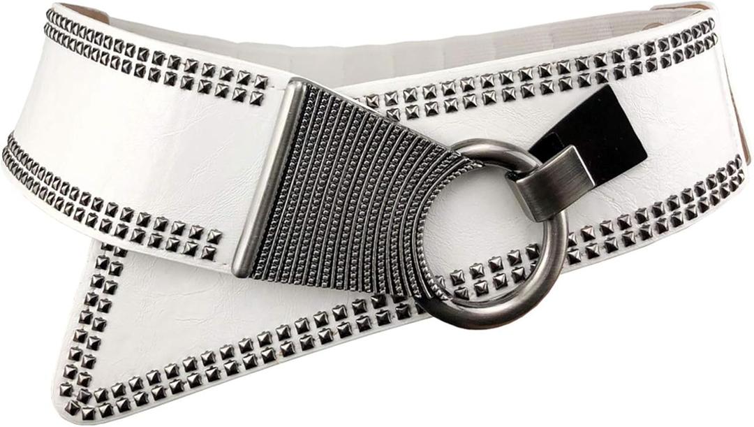 Adjustable Wide Elastic Belt for Women Vintage Buckle, Stretchy Waistband, Versatile for Jeans, Dresses & Casual Wear, Medium(26.5"-31.5"), White