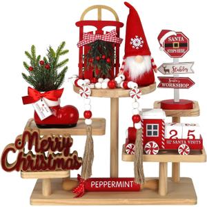 Christmas Decorations 8 PCS Tiered Tray Decor Set, Cute Tabletop Christmas Decor for Home Shelf Mantel Fireplace Office Desk Coffee Bar Xmas Table Centerpieces Tray Objects Holiday Decoration Set