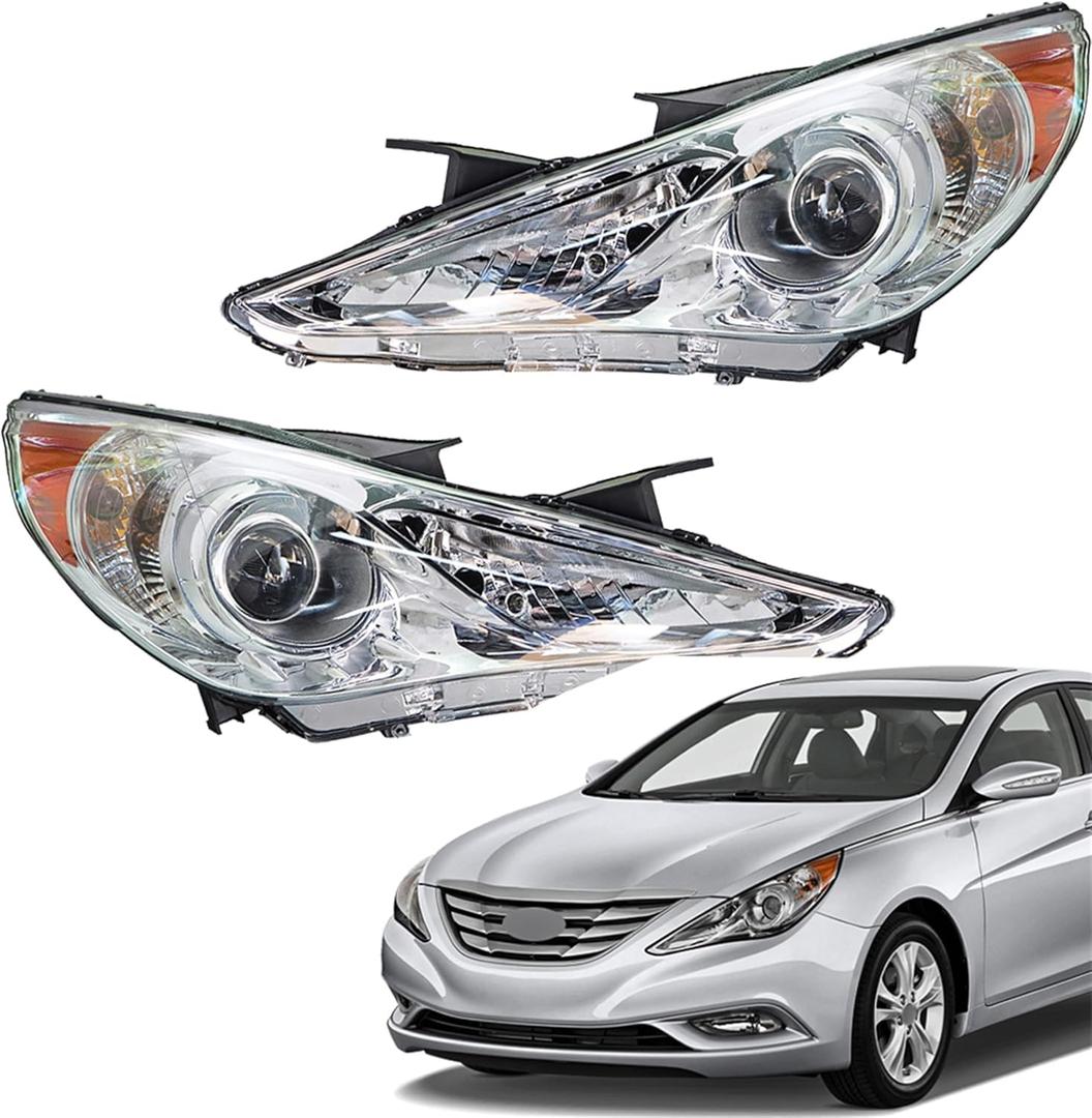 Driver Side and Passenger Side Headlights Assembly Halogen Replacement for Sonata 2011-2014 Housing Chrome Lamp LH RH 2PCS
