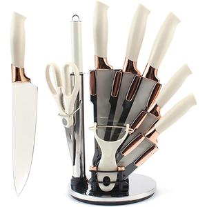 Knife Set, 9Pieces Stainless Steel Non Stick Kitchen Knife Block Set, Sharp Cutlery Knives Set with Sharpener Knives Set with Rotatable Storage Stand Scissors (White)