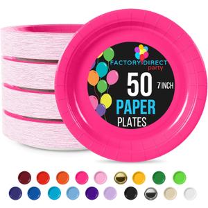 Party Solids Hot Pink Paper Plates Disposable Heavy Duty 7 Inch Hot Pink Disposable Plates For Party 50 Pieces Heavy Duty 350 GSM, Birthday Supplies (Cerise)