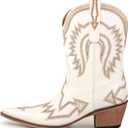 Women's Embroidered Cowgirl Boots Calf Thick Heels Pointed Head Country Music Festival Vintage Western Metal Cowboy Ankle Boot (White)