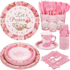 Kochorie 192 Pcs Tea Party Tableware Sets Disposable Let's Partea Party Supplies Plates Cups Napkins Cutlery Serves 24 with Teacups and Saucers Sets for Birthday Wedding Baby Shower Party Decorations