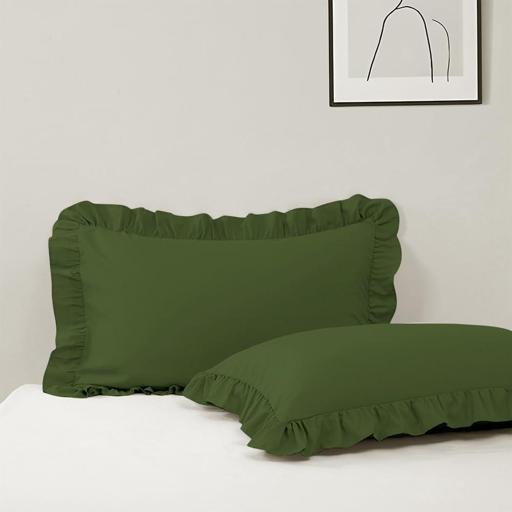 King Pillow Cases Set of 2, 20''x36'' Microfiber Dark Olive Green Ruffle Pillow Cases, Soft Breathable and Non Shrinking Envelope Cute Pillowcases