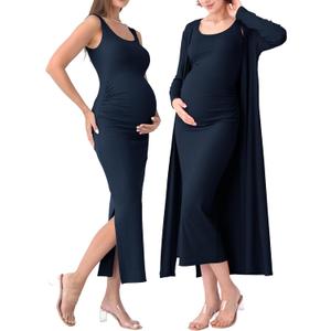 Rnxrbb 2 PCS Winter Spring Maternity Dress Cardigan Set Long Bodycon Maxi Formal Dresses Boho Baby Shower for Women (Navy)