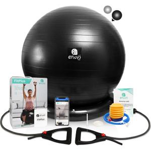 Fit+ Ball Chair & Stability Ball Set - Adjustable Resistance Bands, Ring Base for Home Gym Workout, Relieves Back Pain - Multiple Color & Size (65cm (Height 5'4" - 5'10"), Black)