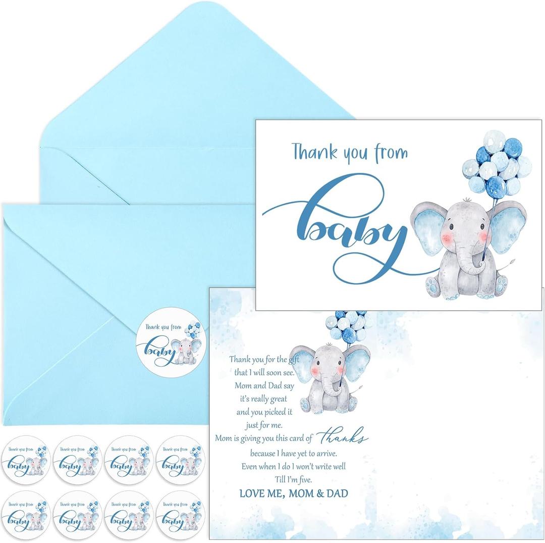 Zhanmai 50 Sets Baby Shower Thank You Gift Cards 50 Elephant Themed Baby Shower Thank You Notes with 50 Envelopes and 50 Stickers for Boys Girls Gender Reveal Party(Blue)