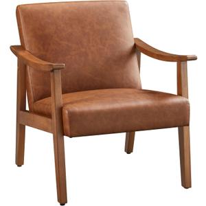 Yaheetech PU Leather Accent Chair, Mid-Century Modern Armchair with Solid Wood Legs, Reading Leisure Chair with High Back for Living Room Bedroom Waiting Room, Light Brown