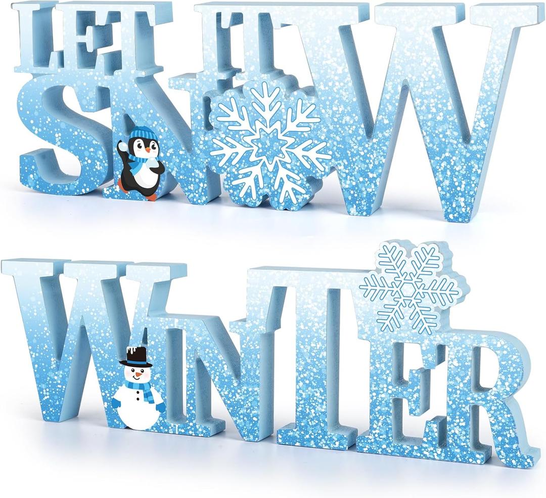 COCHIE Wooden Winter Let It Snow Sign, Snowflake Winter Decorations for Home, Office, Shelf, Mantel, Indoor, Blue White Wood Table Top Party Decor (Blue)