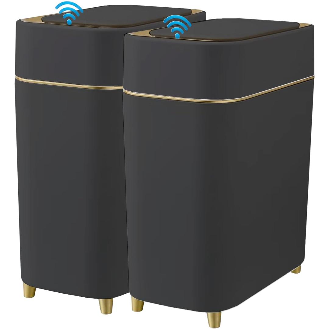 Yatmung 2-Pack - Automatic Trash Cans Touchless Motion Sensor Bathroom Trash Can - Waste Basket for Bedroom, Home Offices, Small Spaces - Compact Smart Garbage Can with Lid - Black with Gold Edge