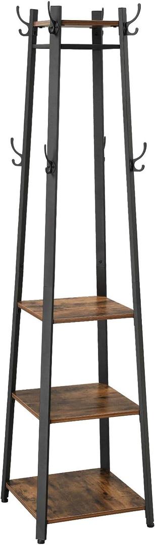 VASAGLE Coat Rack, Coat Stand with 3 Shelves, Hall Tree Free Standing with Hooks for Scarves, Bags, Umbrellas, Steel Frame, Industrial Style, for Entryway, Living Room, Rustic Brown and Black ULCR80X