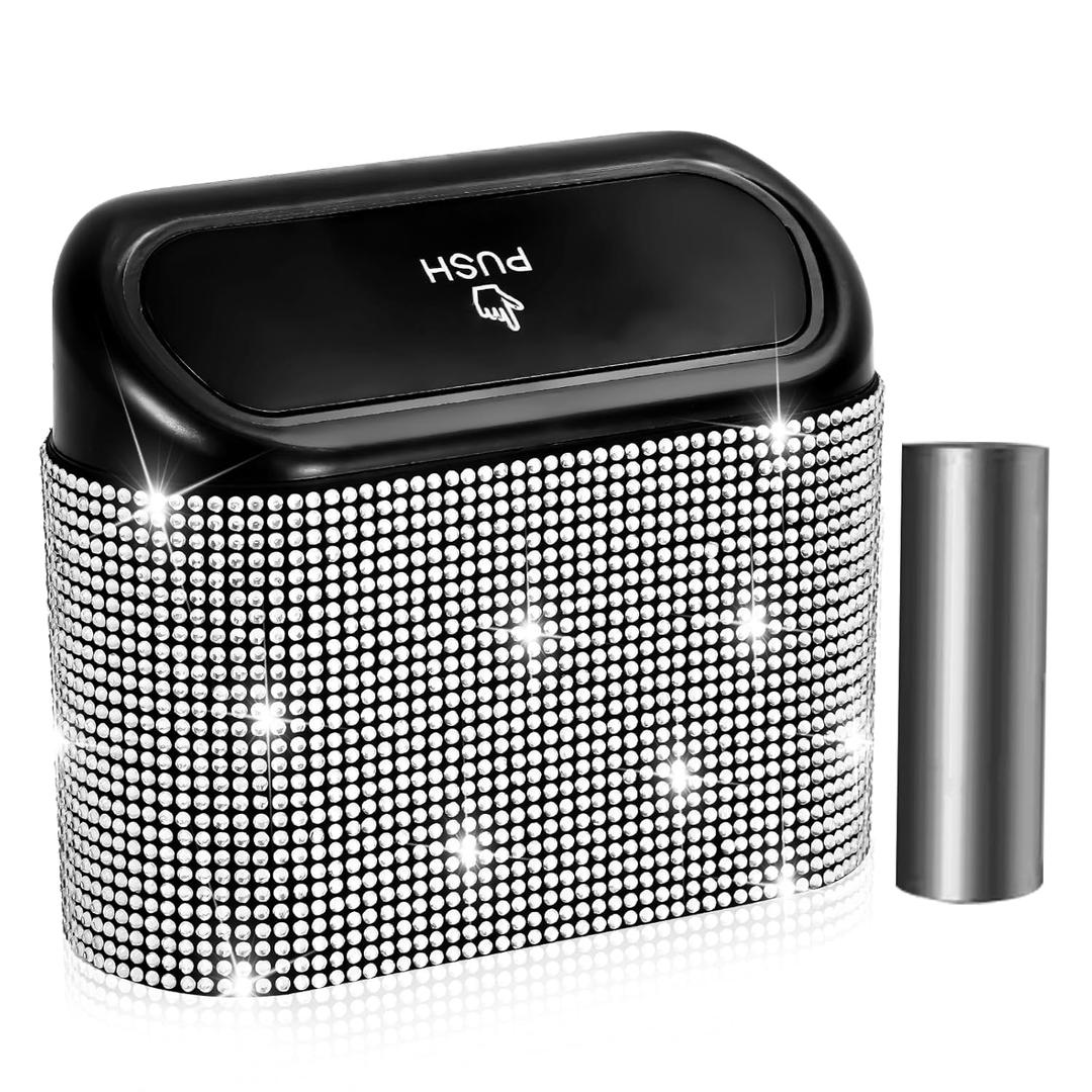 NBTEPEM Bling Car Garbage Can with Lid, Mini Auto Garbage Can with 30 Garbage Bags, Leakproof Automotive Garbage Container Bin, Bling Car Accessories Garbage Can for Women (Silver Diamond)