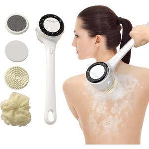 Electric Body Brush Back Scrubber for Shower, Waterproof Long Dual Handle Power Body Scrubber with 5 Heads, Bath Brush 3 Speeds, for Cleansing,Exfoliating and Massaging Skin,Gift for Birthday Holiday