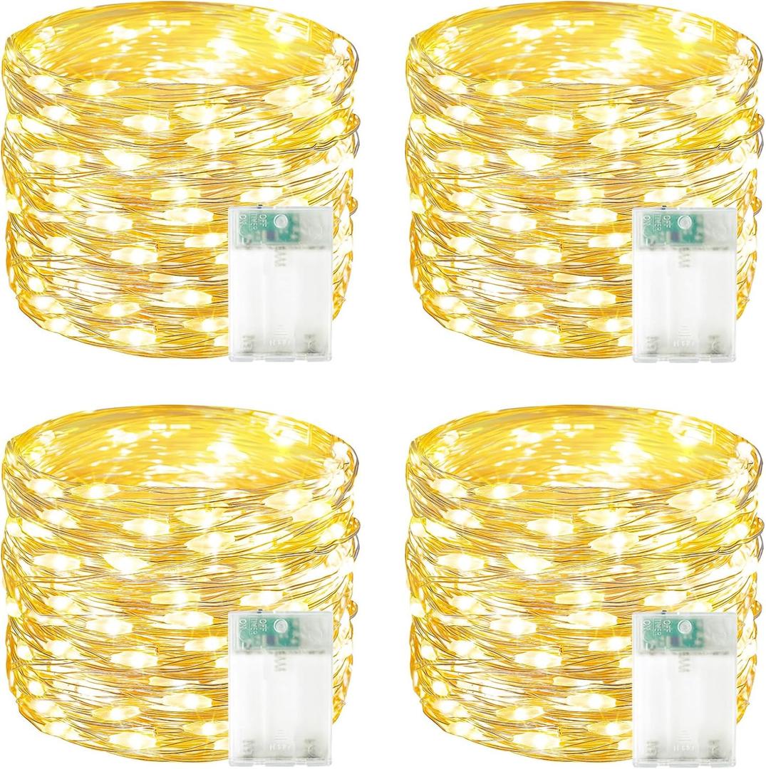 4 Pack 60 LED Fairy Lights Battery Operated with Timer, 20FT Waterproof Twinkle Lights Indoor Outdoor, Cuttable String Lights for Bedroom, Wedding, DIY, Centerpiece, Christmas Decorations (Warm White)