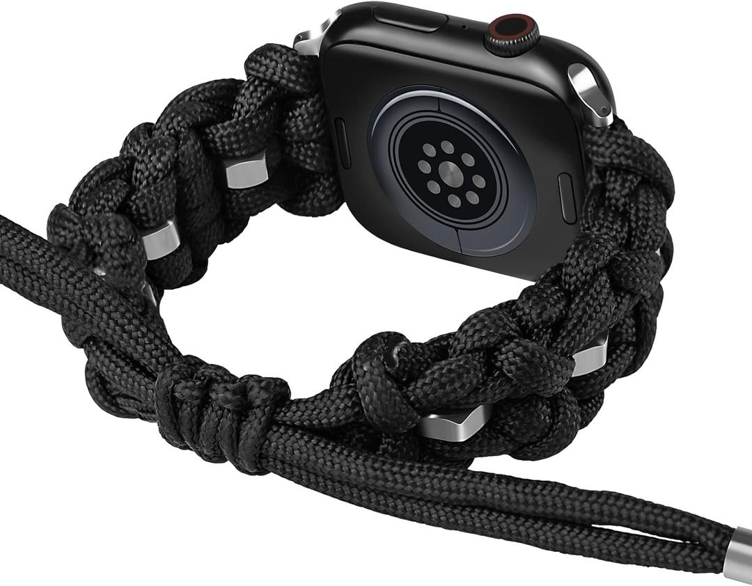 Paracord Band Compatible with Apple Watch iWatch Bands 38mm 40mm 41mm 42mm 44mm 45mm Women Men, Adjustable Survival Tactical Paracord Wristband with Stainless Steel Hex Nuts for iWatch Series SE 7/6/5/4/3/2/1 (Black)