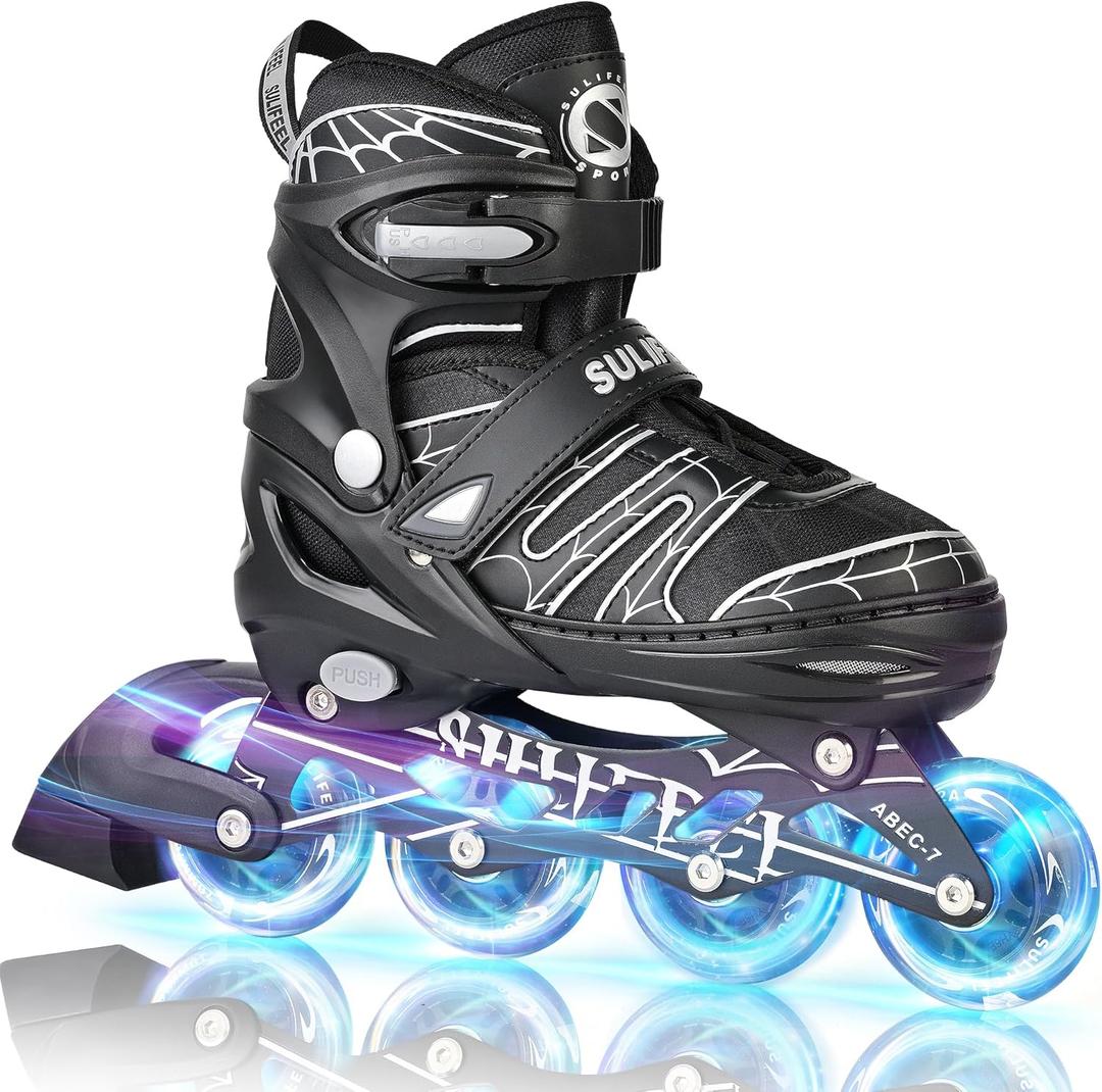 SULIFEEL Rainbow Unicorn Inline Skates for Girls Boys 4 Size Adjustable Light up Wheels Skates for Kids Beginner (Medium - Big Kid, F Spider Black)