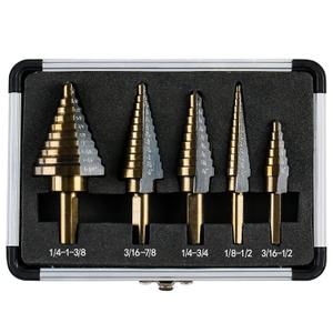 Step Drill Bits, 5PCS HSS Titanium Step Drill Bit Set, 50 Sizes High Speed Steel Step Bits for Metal with Aluminum Case (Straight)