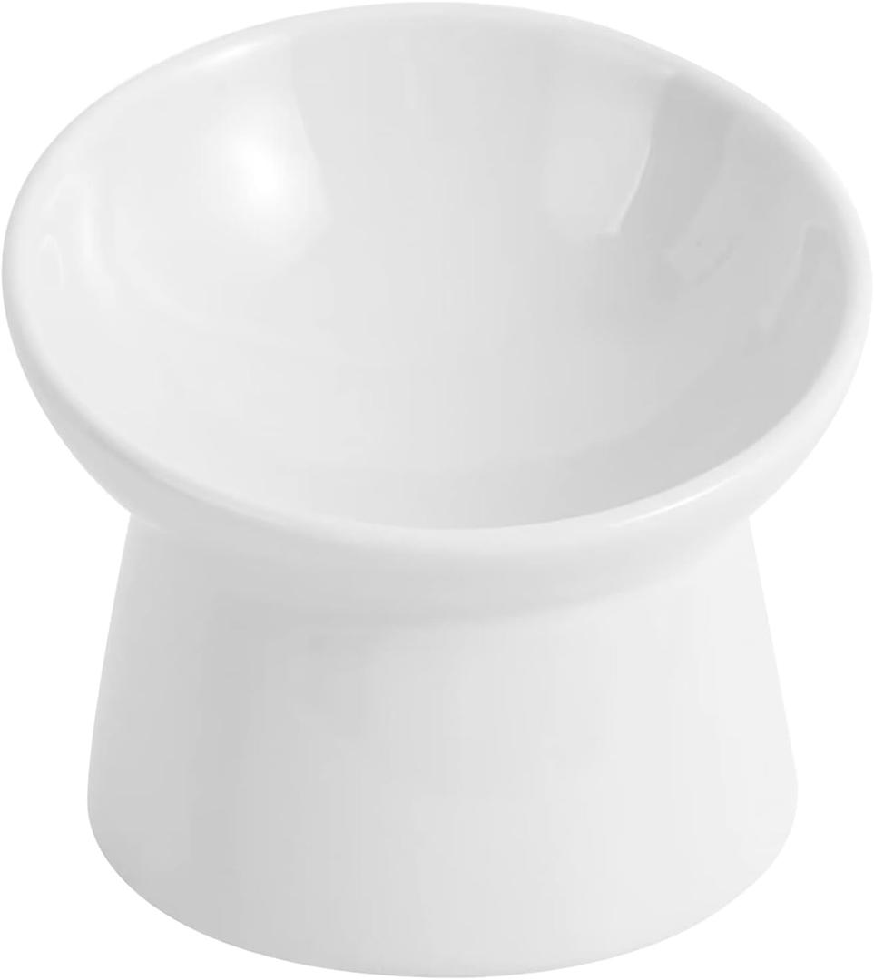 Raised Cat Food Bowls - Ceramic Tilted Elevated Anti Vomit Whisker Friendly Shallow Wide Cat Feeding Bowls - Microwave & Dishwasher Safe (White-large)