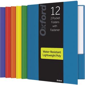 Oxford 2 Pocket Folders with Fasteners, Folder for School and Office, 2 Pocket Paper Organizer, Plastic Folders, Letter Size, Asst. Colors, (Blue, Green, Yellow, Orange, Red, Purple, 12 Pack (13188)
