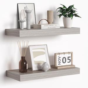 Floating Shelves - Rustic Grey Storage Shelf Set of 2 - 16 Inch Wall Mounted Shelves for Wall Decor & Storage - Wooden Shelves with Invisible Brackets for Living Room, Bedroom, Kitchen, Farmhouse