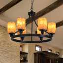 NOXARTE 26 Wagon Wheel Chandelier, 6-Light Black Round Farmhouse Chandelier with Glow Salt Glass Shade, Height Adjustable Black Industrial Hanging Light Fixture for Dining Room, Living Room, Foyer