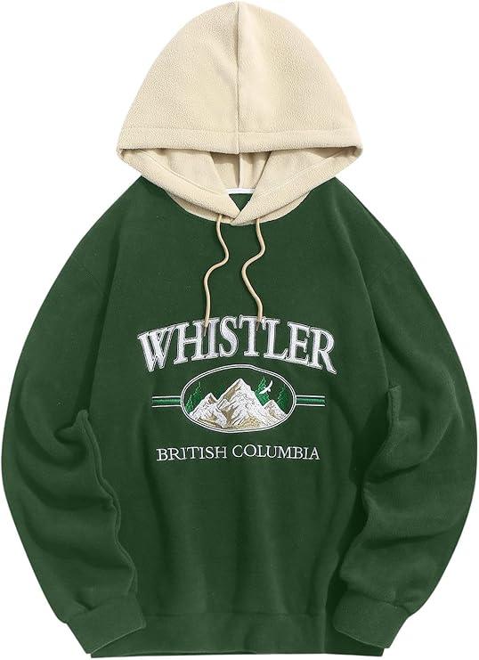 ZAFUL Men's Hooded Sweatshirt, Letter Mountain Graphic Embroidery Plush Fleece Casual Drawstring Pullover Hoodie SIZE M ( green )