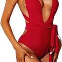 Lilosy Sexy Tie Criss Cross Plunge One Piece Thong Swimsuit High Cut Brazilian Bathing Suit S 
